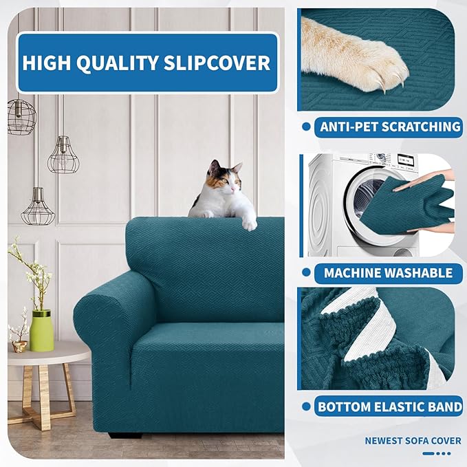 XINEAGE New Extra Large Couch Cover for 3 Cushion Couch (91"-110") 1 Piece Stretch Oversized Sofa Slipcovers Jacquard 4 Seater Furniture Protector Elastic Bottom for Kids,Pet (XL Sofa, Peacock Blue)