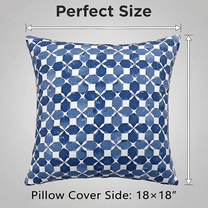 JMGBird Waterproof Outdoor Pillows Set of 2, 18x18 inch Weather Resistant White with Diamond Blue Petal Pattern Throw Pillows with Inserts for Patio Furniture