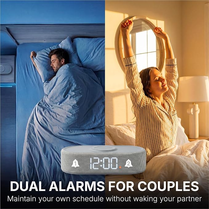 Fabric Digital Alarm Clock for Bedroom, Wireless Charging, Grey - Image 4