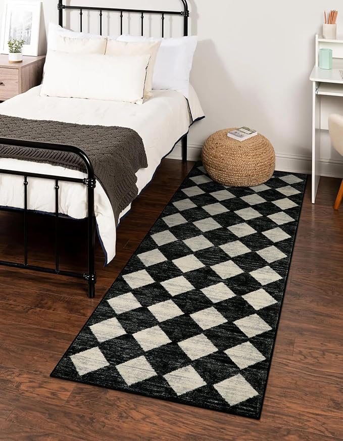 Lahome Zelie Washable Kitchen Runner Rug, 2x7 Black and White Hallway Bathroom Runner Rugs, Moroccan Trellis Soft Non Slip Stain Resistance Carpet Runners for Entryway Bedside