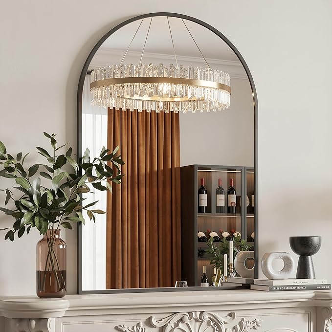 Antok Arched Bathroom Mirror, 26"x38" Wall Mounted Mirror, Vanity Mirrors for Over Sink, Aluminum Alloy Frame Bathroom Mirrors Living Room, Bedroom and Entryway, Black