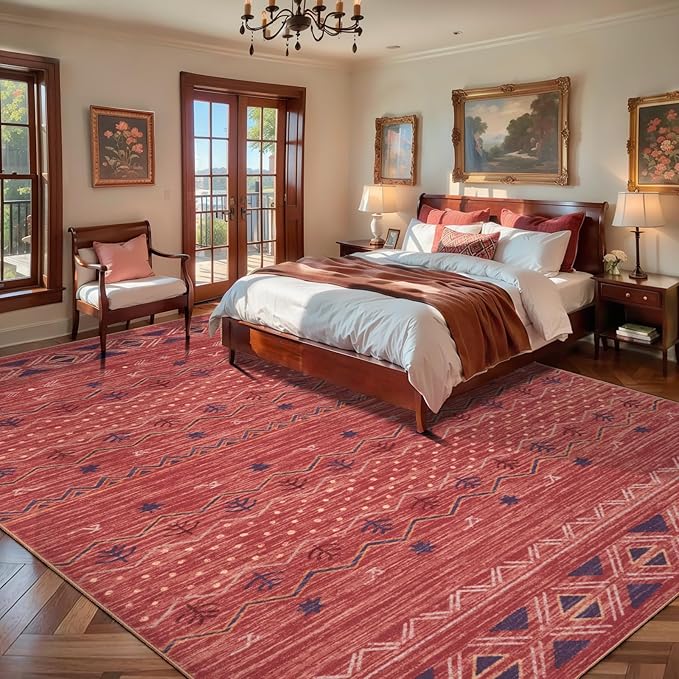 SERISSA 8x10 Area Rugs for Living Room, Washable Non-Slip Red Ochre Boho Rug, Soft Low-Pile Geometric Indoor Large Carpet for Dining Room Bedroom Home Office Playroom