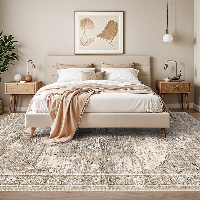 RUUGME Living Room 10x14 Area Rugs - Washable Lightweight Area Rug Stain Resistant Carpet Vintage Soft Rugs for Bedroom with Non Slip Backing Indoor Ultra-Thin Rugs Home Decor 10x14 Beige