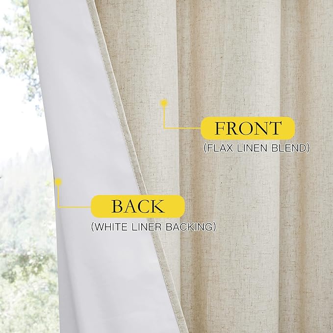 NICETOWN Natural Linen Complete Blackout Curtains 54 inches for Kids Room, 2 Panels, Thermal Insulated & Noise Reducing Window Draperies with White Liner, Noise Reducing Short Drapes