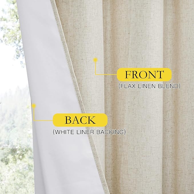NICETOWN Natural 100% Blackout Short Curtains 63 inches Lenghth Burg for Kitchen, 2 Panels, Burlap Linen Drapes with Thermal Insulated White Liner, Keeping Out Cold Air and Heat Panels