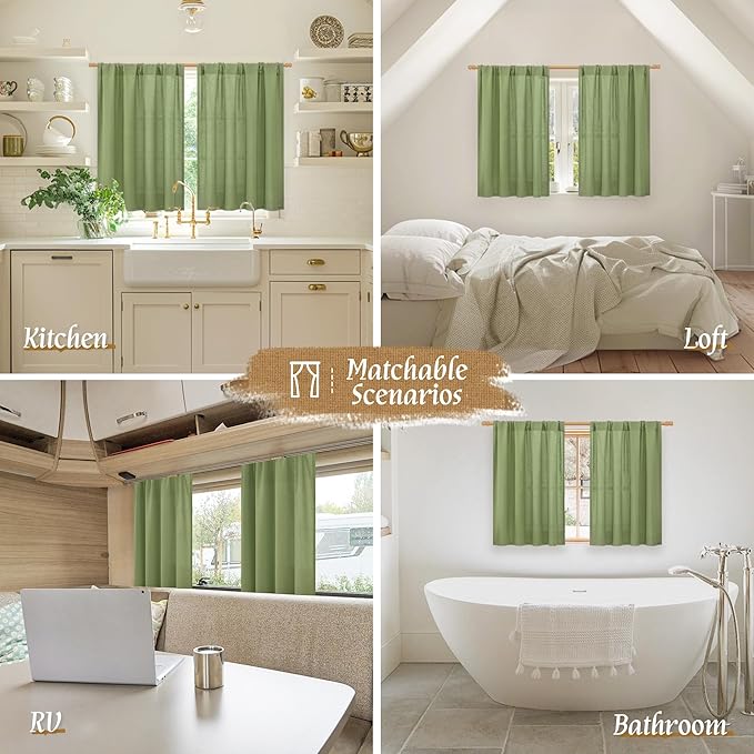 LAMIT 48 Inch Linen Curtains 2 Panels, Soft Faux Linen Light Filtering Panels Rod Pocket Farmhouse Privacy Drapes for Small Window/Loft Room, 42 x 48 Inch, Green
