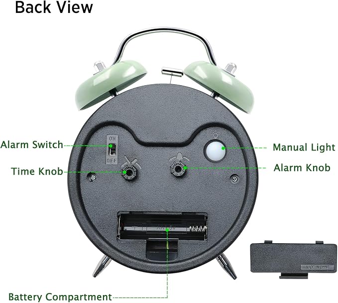 Peakeep Loud Battery Alarm Clock for Heavy Sleepers Adults Kids | Analog 4.5" Twin Bell Old School Fashioned Style for Bedrooms Living Kids?€? Room Decor (Avocado Green) - Image 6