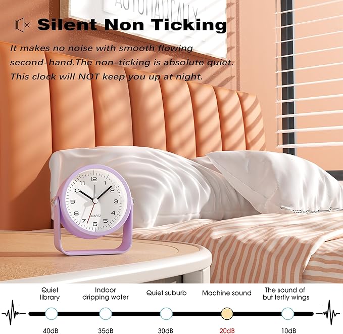 AYRELY?? 3.5 Inch Small Analog Alarm Clocks,Battery Operated Desk Clock,Cute Table Clock with Light???Adjustable Angle for Travel,Bedside,Bedroom,Kids,Living Room Decor (Purple)