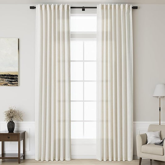 Linen Cream Curtains 124 Inch Extra Long for Living Room Back Tab Light Filtering Semi Sheer Drapes Modern Farmhouse Coastal Decor Cotton Textured Curtain for Floor to Ceiling Window 52x124