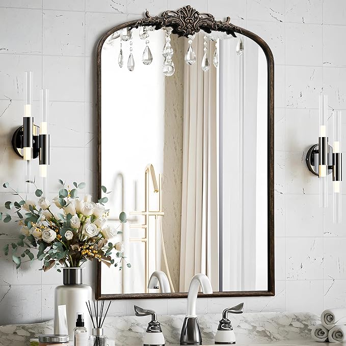Besdomus Antique Large Arched Mirror: 24"x36" French Arch Black Vintage Vanity Wall Mounted Mirror - Traditional Ornate Home Decor for Entryway/Fireplace/Bathroom/Bedroom - Idea for Young Couples