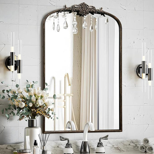 Besdomus Antique Large Arched Mirror: 24"x36" French Arch Black Vintage Vanity Wall Mounted Mirror - Traditional Ornate Home Decor for Entryway/Fireplace/Bathroom/Bedroom - Idea for Young Couples