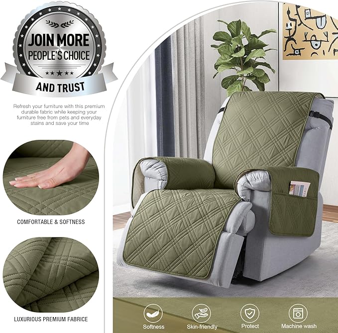 TAOCOCO 100% Waterproof Recliner Chair Covers, Non Slip Recliner Covers for Recliner Chair with Pocket, Washable Reclining Chair Cover Furniture Protector for Kids,Dogs(25'', Green)