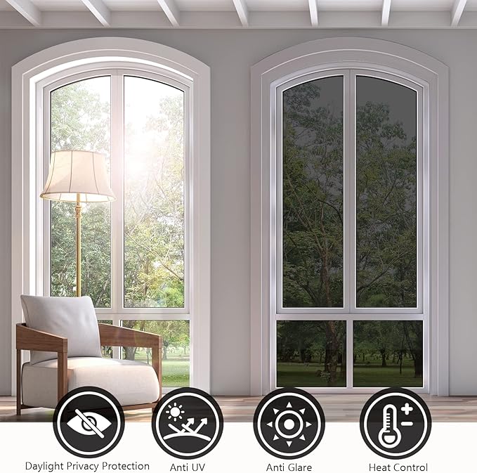 KESPEN Window Privacy Film One Way Daytime Privacy Static Cling Sun Blocking Anti UV Reflective Window Tint for Home and Office, Black-Silver, 17.5 Inch X 6.5 Feet