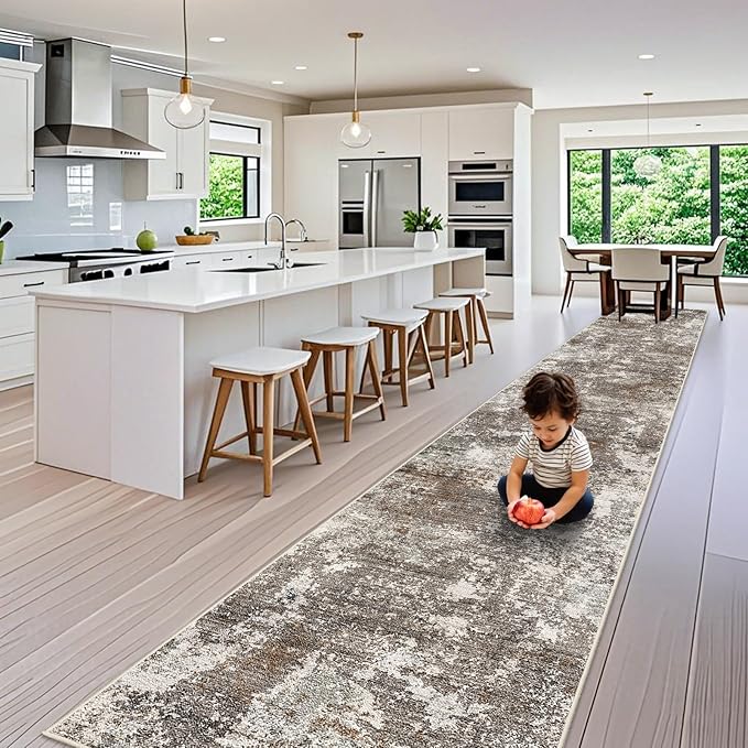 3x20 ft Extra Long Hallway Runner Rug - Non-Slip Washable Floor Runner with Rubber Backing, Modern Low Pile Thin Wide Carpet for Entryway, Kitchen, Living Room (Brown Beige, 3x20)