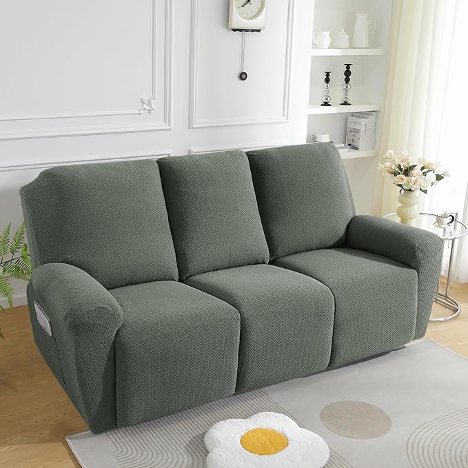 JIVINER 8-Piece Recliner Sofa Covers Stretch Jacquard Couch Covers for Reclining Slipcovers for Living Room 3 Cushion Soft Recliner Protector with Pocket (Sofa Recliner, Army Green)