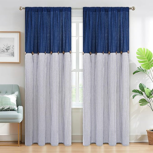 ASPMIZ Cotton Linen Farmhouse Curtains for Living Room, Boho Rustic Button Window Curtain Panels, Blue Striped Curtains for Bedroom, Country Back Tab Modern Drapes for Windows 52 x 84 Inch 2 Panels
