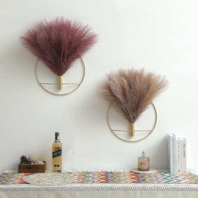 Pretty Jolly Boho Wall Decor, Large Wall-Mounted Metal Wall Decor, Hanging Artificial Pampas Display, Wall Art Living Room, Bedroom, Bathroom, Dining room, 2 Pack Gold Coffee
