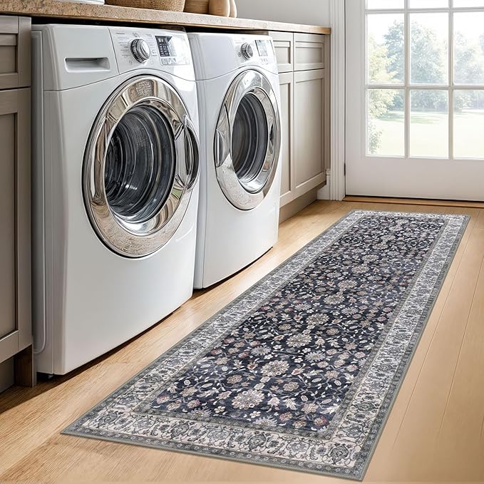 KUTA Runners for Hallways 2x6, Vintage Floral Rug Non-Slip Washable Kitchen Rugs Grey Black Beige Ultra Thin Soft Printed Distressed Flower Carpet Entryway Rugs for Bedroom Laundry Nursery