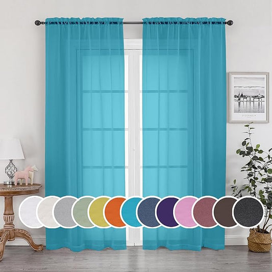 OWENIE Sheer Curtain 90 Inches Long 2 Panels Set for Living Room Bedroom, Light Filtering Rod Pocket Clear Sheer Curtain 2Pcs, Each 42" W x 90" L, Turquoise