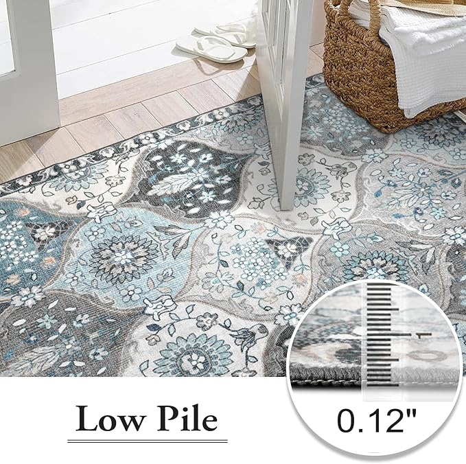 Lahome Moroccan Trellis Washable Rugs 9x12, Soft 9x12 Area Rug for Living Room Bedroom, Ultra-Thin Non-Slip Non Shedding Distressed Throw Large Carpet for Dining Room Office Elise, Blue