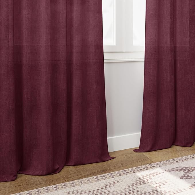 Extra Long Burgundy Linen Curtains 120 Inch for Living Room 2 Panels Set Rod Pocket Back Tab Light Filtering Semi Sheer Linen Window Drapes Privacy High Ceiling Drapes for Farmhouse 52x120