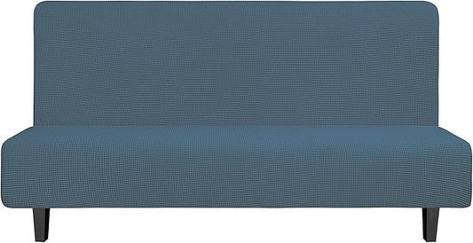 Easy-Going Stretch Futon Slipcover Armless Futon Bed Cover Furniture Protector Without Armrests with Elastic Bottom for Kids, Soft Jacquard Fabric Small Checks (Large, Bluestone)