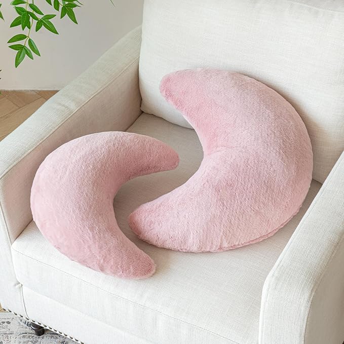 Moon Pillow, Decorative Throw Pillows with Soft Faux Rabbit for Bed Couch, Moon Shaped Pillows Plush Floor Cushions Room Decor Pillow for Sofa Bedroom Living Room (Grey Pink, 19.6 Inches)