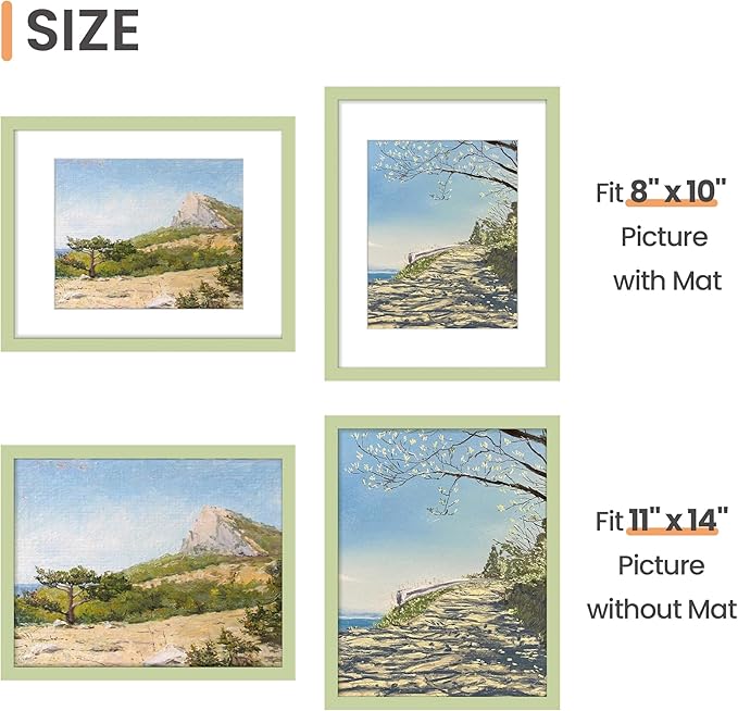 upsimples 11x14 Picture Frame, Display Pictures 8x10 with Mat or 11 x 14 Without, Wall Hanging Photo Frames, Green, 1 Pack