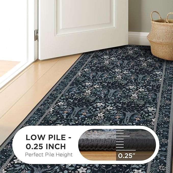 Joydeco Washable Black 4x6 Area Rugs for Living Room Bedroom, Boho Floral Vintage Rug Non Slip Stain Resistant Indoor Floor Dining Room Throw Carpet for Office Entrance Kitchen