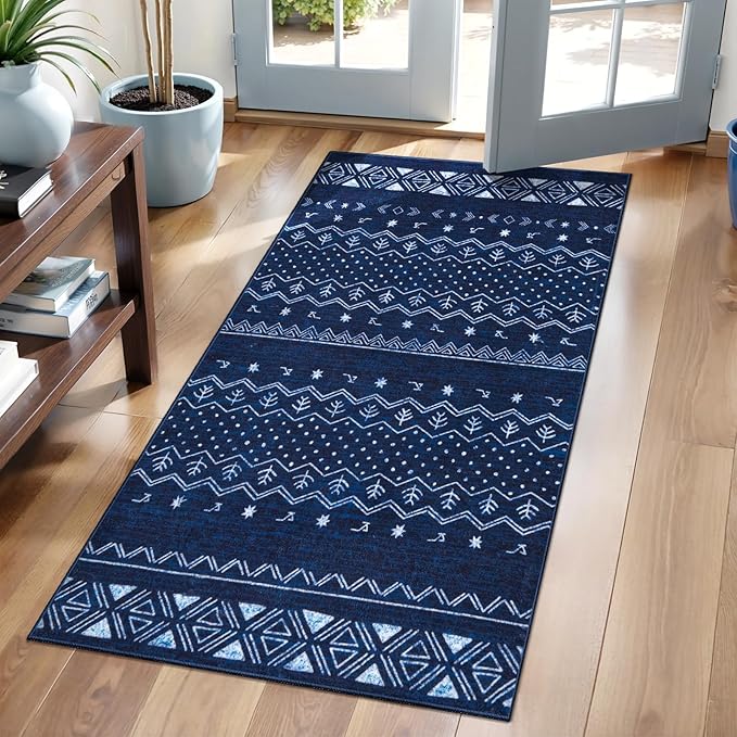 SERISSA 2x4 Rugs for Entryway, Washable Non-Slip Blue and White Small Runner Rug, Soft Low-Pile Boho Geometric Indoor Entry Rug Door Mat Indoor Entrance Front Door Carpet for Bathroom Kitchen Bedroom