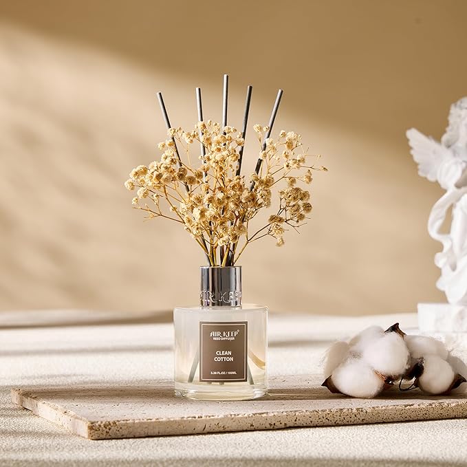 Airkeep Reed Diffuser Set,3.38 fl oz (100 ml) - Clean Cotton Oil Diffusers with 8 Reed Sticks, Home Fragrance Reed Diffuser for Bathroom Shelf Decor