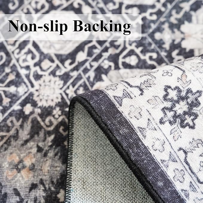 Hallway 2x5 Washable Runner Rug: Oriental Stain Resistant Kitchen Entryway Rugs Farmhouse Ultra Soft Bathroom Bedroom Print Floor Mat Thin Non Slip Indoor Carpet for Living Room Laudry(2X5,Black)