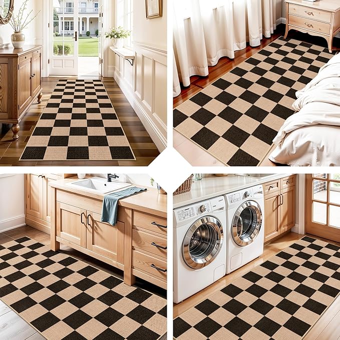 2x6 Jute Woven Runner Rug: Non-Slip Backing Diamond Pattern - Easy Clean Carpet for Hallway Kitchen - Washable Thin Indoor Rugs for High Traffic Areas Farmhouse Home Decor (Black，2x6)