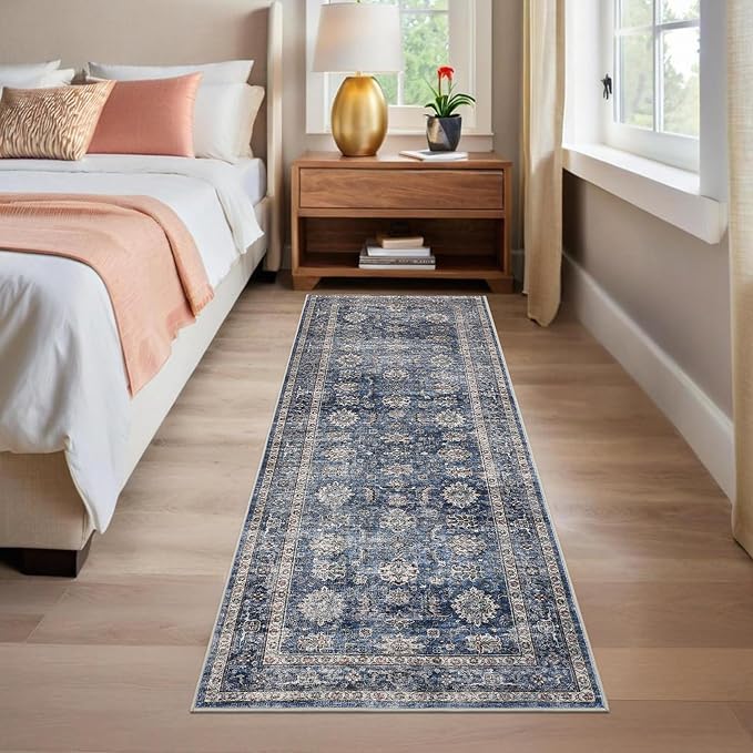 GarveeHome Hallway Runner Rug 2.5x8 Machine Washable Vintage Soft Low-Pile Kitchen Runner Non Slip Backing Stain Resistant Foldable Entryway Floor Mat Carpet for Bedroom Bathroom Denim
