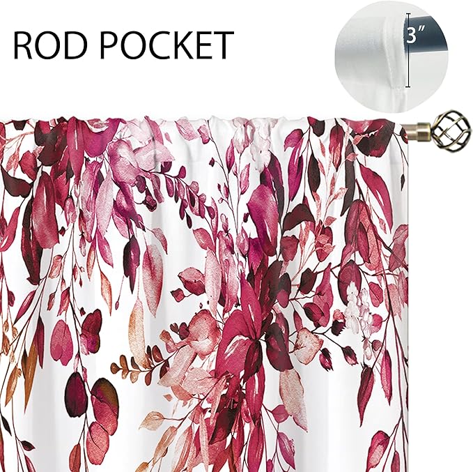 Burgundy Eucalyptus Small Kitchen Curtains Watercolor Red Leaves Window Treatment Flower Floral Plant Botanical Cafe Short Curtains for Bathroom Dining Fall Tier Treatment Drapes 26x30 inch
