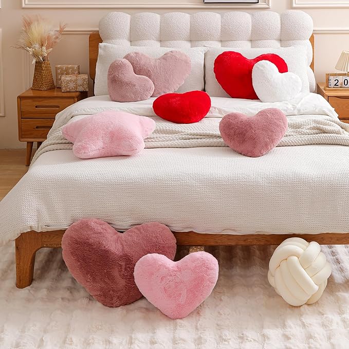 EastTree Heart Pillows, Bean Paste Pink Heart Shaped Pillows, Love Throw Pillows Gifts, Ultra Faux Rabbit Fur Soft Small Cute Fluffy Pillows, Women Girls Kid Living Room Decor 10x13 Inch