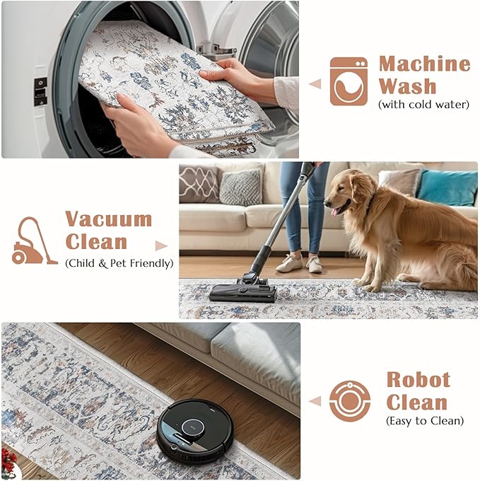 jinchan Area Rug 5x7 Living Room Rug - Washable Vintage Boho Floral Print Floor Cover Lightweight Low Pile Thin Non-Slip Retro Distressed Carpet for Bedroom Dining Room Kitchen Office Grey Multi