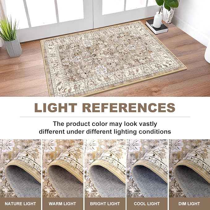 LOKHOM Washable Area Rug, 3x5 Non-Slip Kitchen Area Mat Vintage Living Room Rug with Rubber Backing, Boho Floral Faux Wool Farmhouse Bedroom Area Carpet for Bedroom Kitchen Laundry(Beige Brown)