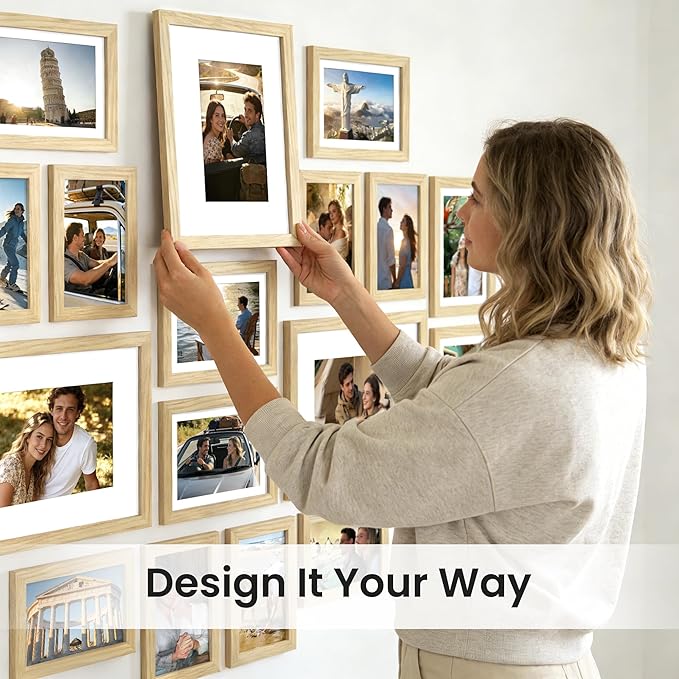 upsimples 19 Pack Picture Frames Collage Wall Decor for Mounting or Tabletop Display, Photo Gallery Frame Set for Family, Multi Sizes Including 8x10, 5x7, 4x6, Natural