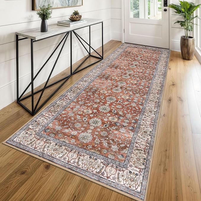 KUTA Vintage Wide Runners for Hallways 3x8 ft Washable Kitchen Runner Red Clay Non Slip Rubber Backed Hall Runners Entryway Runner Rugs Floor Carpet for Indoor Backdoor Bedroom Kitchen