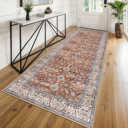 KUTA Vintage Wide Runners for Hallways 3x8 ft Washable Kitchen Runner Red Clay Non Slip Rubber Backed Hall Runners Entryway Runner Rugs Floor Carpet for Indoor Backdoor Bedroom Kitchen