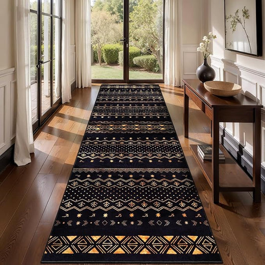 SERISSA Hallway Runner Rug, 2x10 Washable Non-Slip Black and Gold Boho Rug, Soft Low-Pile Geometric Indoor Long Carpet for Kitchen Laundry Room Bathroom Bedroom Entryway Stair