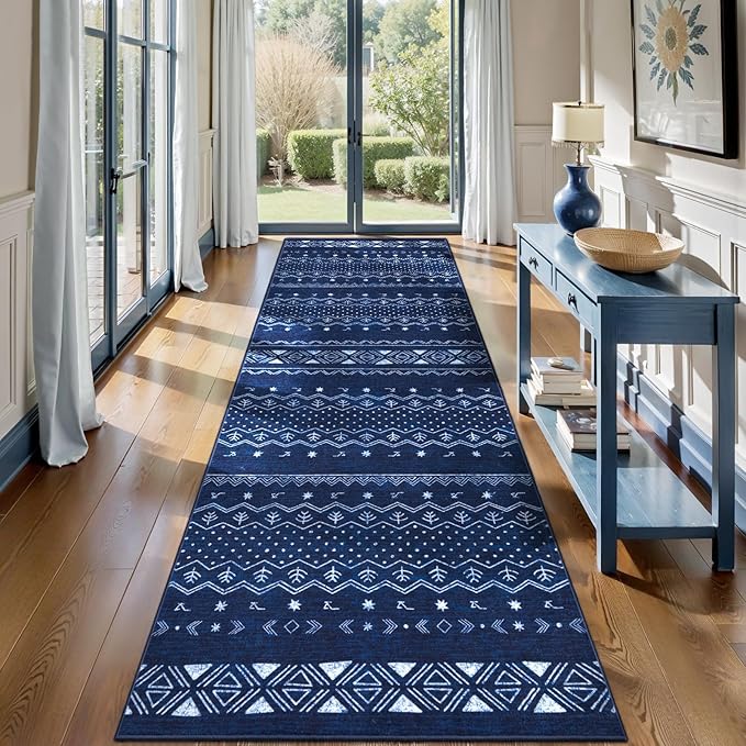 SERISSA Hallway Runner Rug, 2x10 Washable Non-Slip Blue and White Boho Rug, Soft Low-Pile Geometric Indoor Long Carpet for Kitchen Laundry Room Bathroom Bedroom Entryway Stair