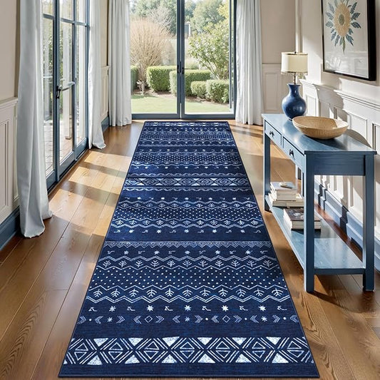 SERISSA Hallway Runner Rug, 2x10 Washable Non-Slip Blue and White Boho Rug, Soft Low-Pile Geometric Indoor Long Carpet for Kitchen Laundry Room Bathroom Bedroom Entryway Stair