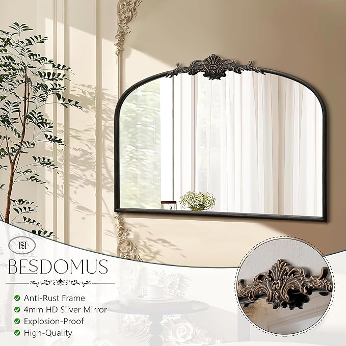Besdomus Vintage Arched Black Mirror: 32"x24" French Large Vintage Vanity Wall Mirror - Baroque Decorative Traditional Ornate for Living Room/Fireplace/Bathroom- Wall Decor for Interior Designers