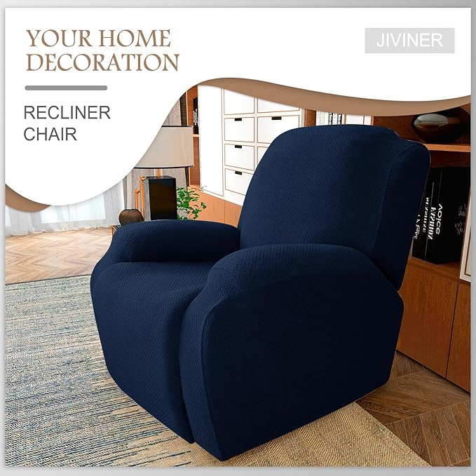 JIVINER 4-Piece Recliner Chair Covers Stretch Jacquard Covers for Reclining Chair Recliner Slipcovers for Living Room Soft Recliner Protector with Pocket (Recliner, Navy Blue)