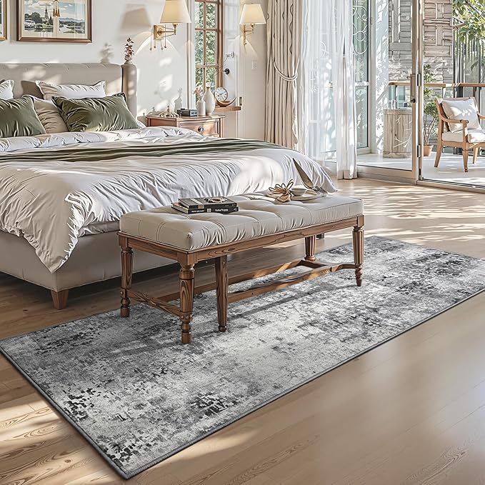 3x8 Grey Rug Runners for Hallways Kitchen Runner Rug Non Slip Washable Black Long Runner Rugs with Rubber Backing Soft Abstract Carpet Runner for Bedroom, Kitchen, Bathroom, Entryway