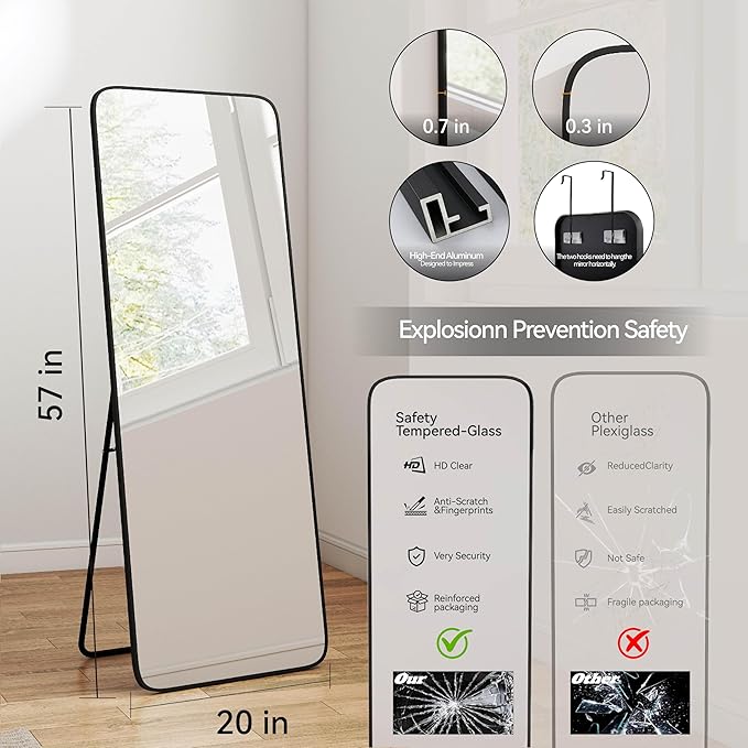 SCWF-GZ 57x20 Door Hanging Full Length Mirror, Floor Stand (Height 5.7ft just Body in1.3ft) Wall Mounted Metal Frame Rectangle Dressing Mirrors for Bedroom Living Room 57 inch Black