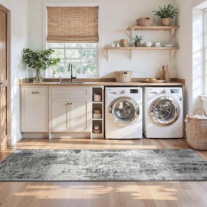 2x10 Grey Rug Runners for Hallways Kitchen Runner Rug Non Slip Washable Black Long Runner Rugs with Rubber Backing Soft Abstract Carpet Runner for Bedroom, Kitchen, Bathroom, Entryway
