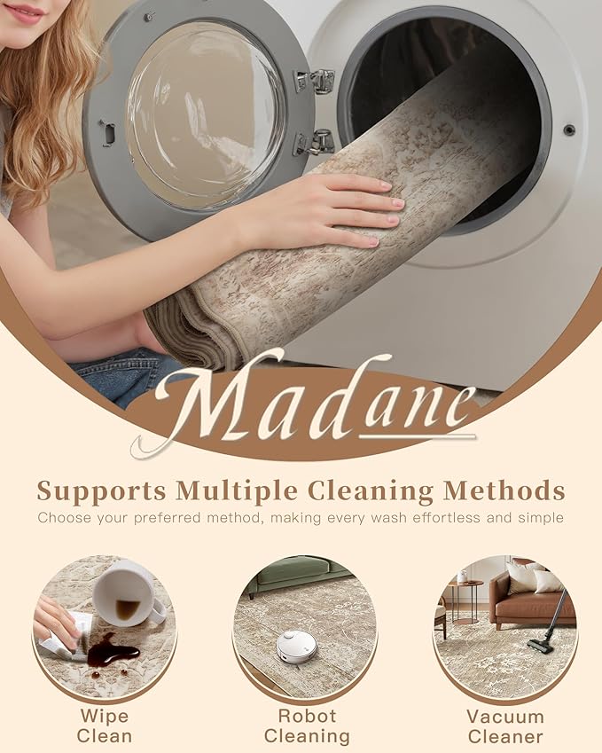 Madane Washable 6x9 Area Rugs for Living Room, Vintage Neutral Rug with Non-Slip Backing, Soft Stain Resistant Throw Rugs Thin Carpet for Bedroom Dining Room Farmhouse (6 x 9, Beige/Brown)